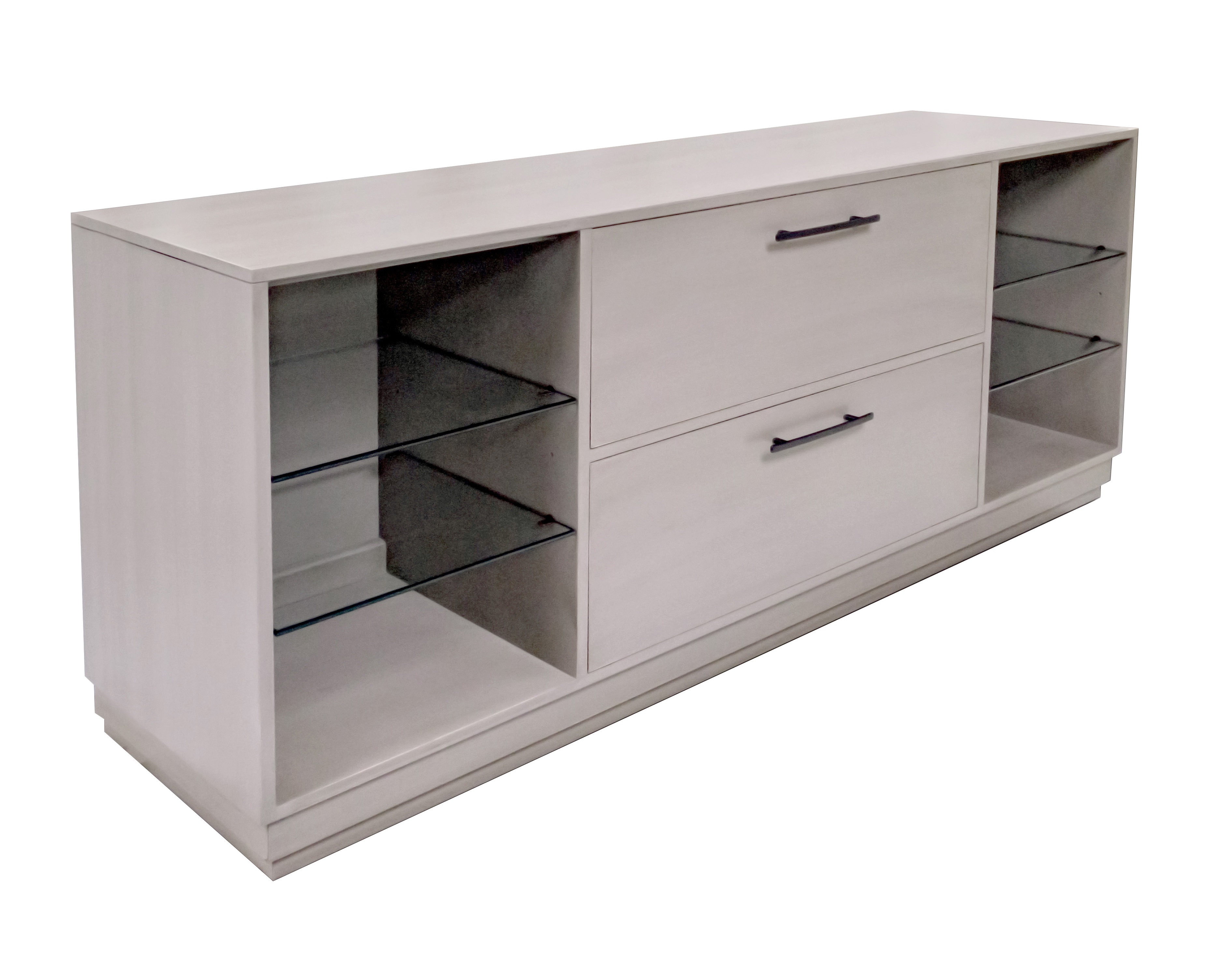 68 131 File Credenza 270 Brushed white Open Glass Shelves at Ends 1